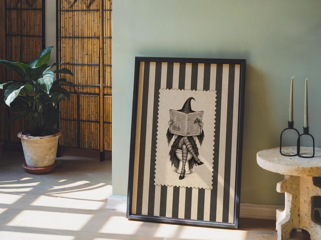 Witch Reading Newspaper on Toilet Wall Art, Vintage Halloween Bathroom Humor Print, Retro Stripes Poster, Funny Witchy Bathroom Decor