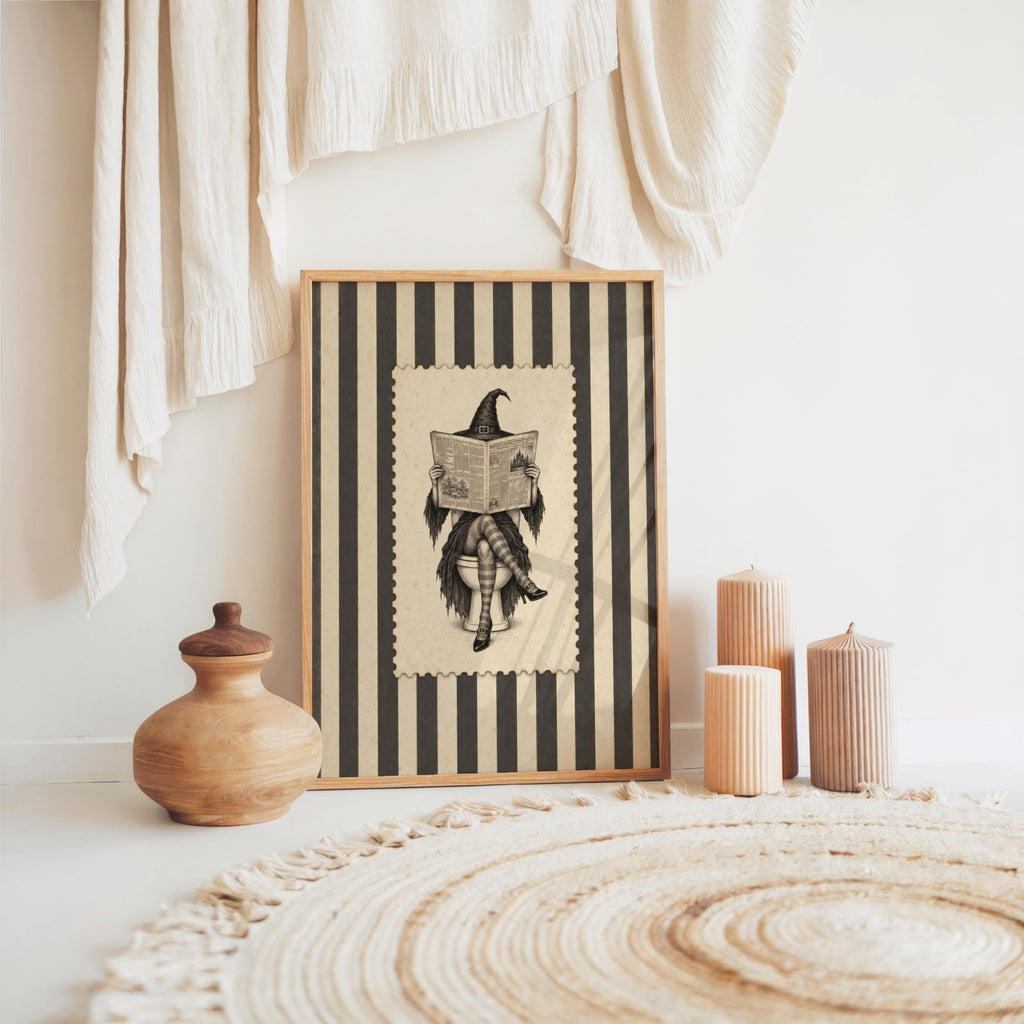 Witch Reading Newspaper on Toilet Wall Art, Vintage Halloween Bathroom Humor Print, Retro Stripes Poster, Funny Witchy Bathroom Decor