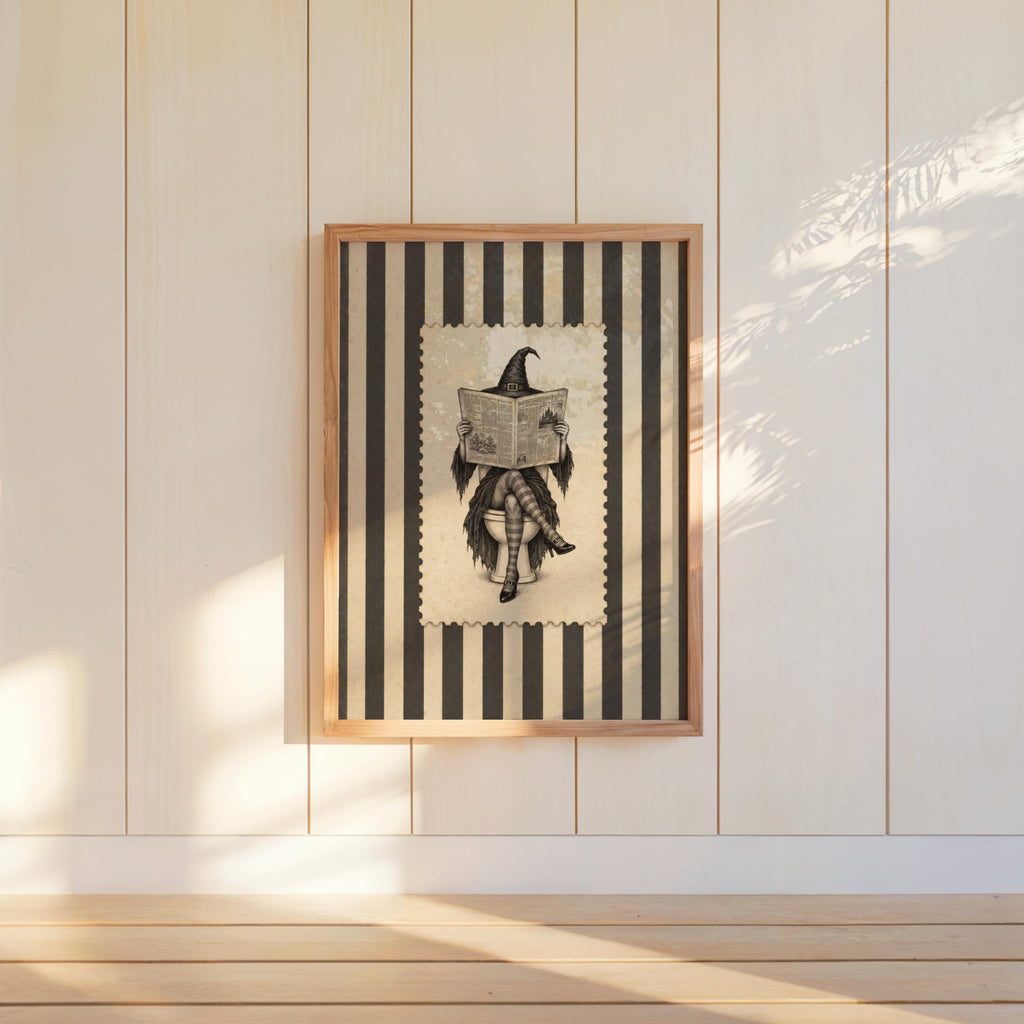 Witch Reading Newspaper on Toilet Wall Art, Vintage Halloween Bathroom Humor Print, Retro Stripes Poster, Funny Witchy Bathroom Decor
