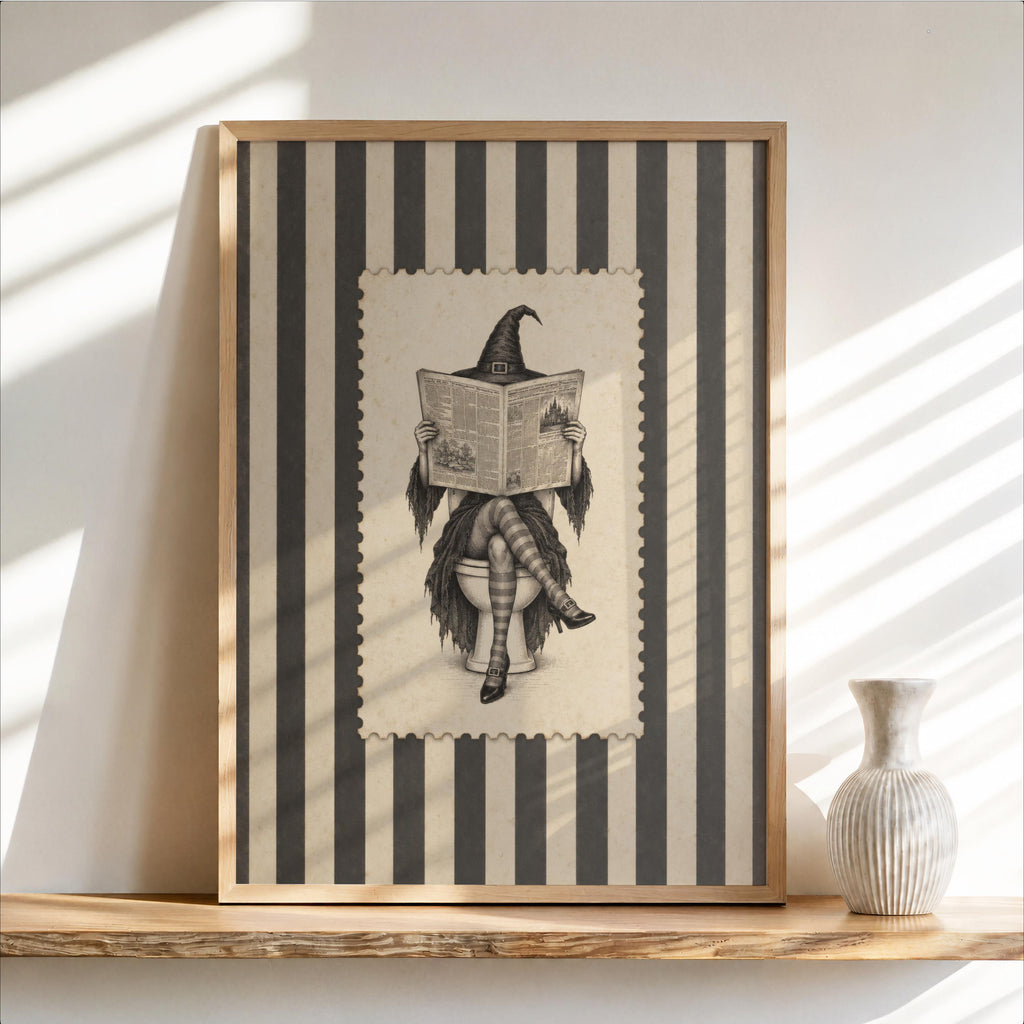 Witch Reading Newspaper on Toilet Wall Art, Vintage Halloween Bathroom Humor Print, Retro Stripes Poster, Funny Witchy Bathroom Decor