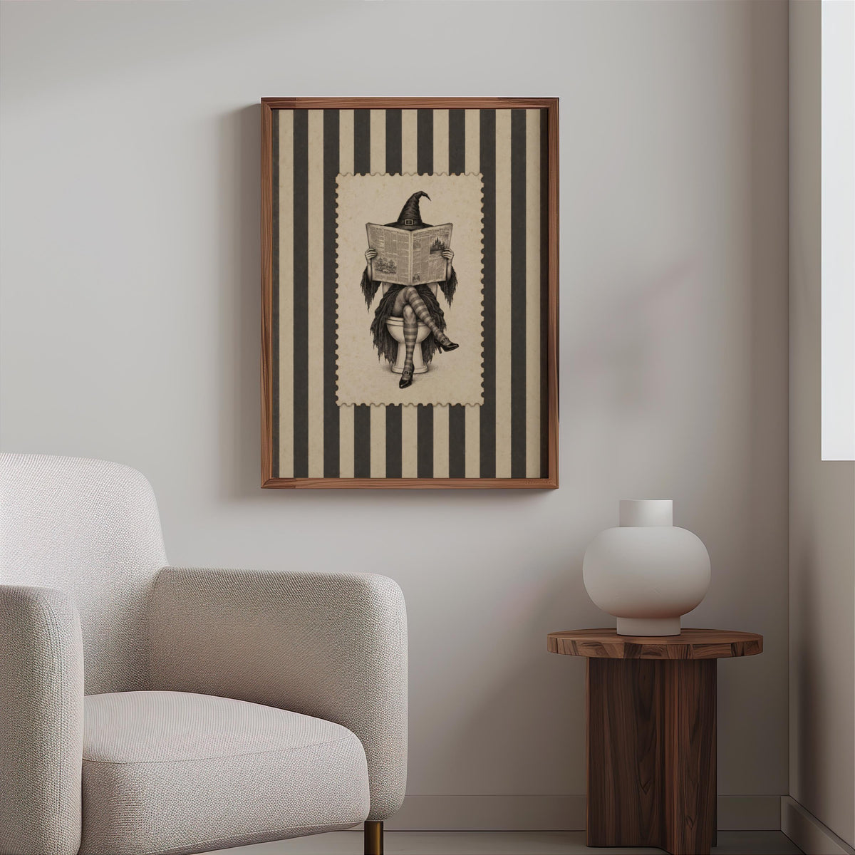 Witch Reading Newspaper on Toilet Wall Art, Vintage Halloween Bathroom Humor Print, Retro Stripes Poster, Funny Witchy Bathroom Decor
