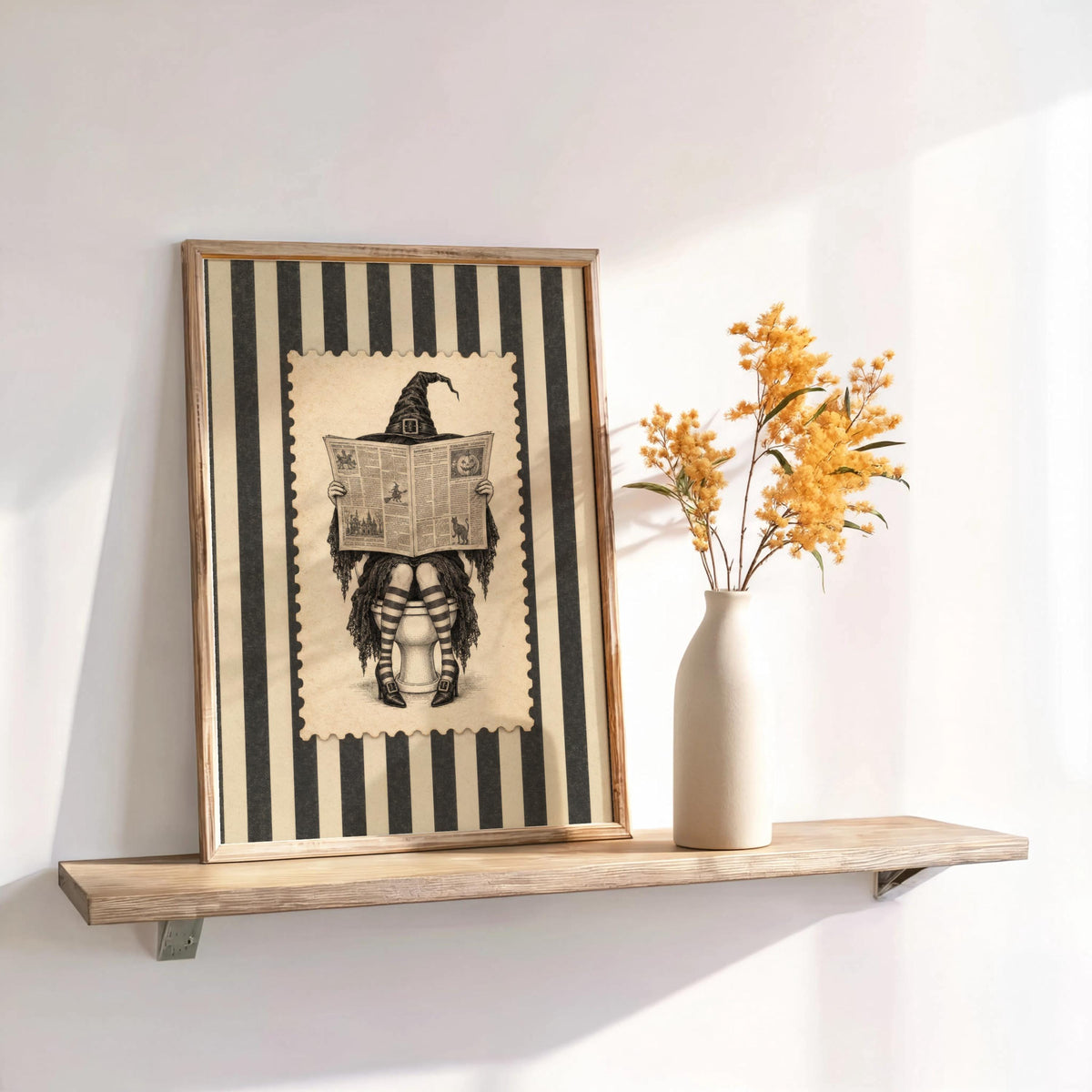 Vintage Witch Reading on Toilet Print, Funny Halloween Bathroom Wall Art, Retro Striped Newspaper Decor, Funny Witchy Restroom Poster
