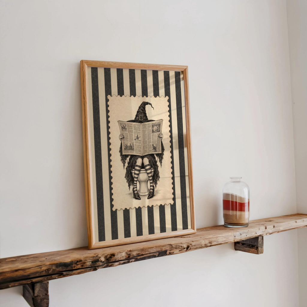 Vintage Witch Reading on Toilet Print, Funny Halloween Bathroom Wall Art, Retro Striped Newspaper Decor, Funny Witchy Restroom Poster