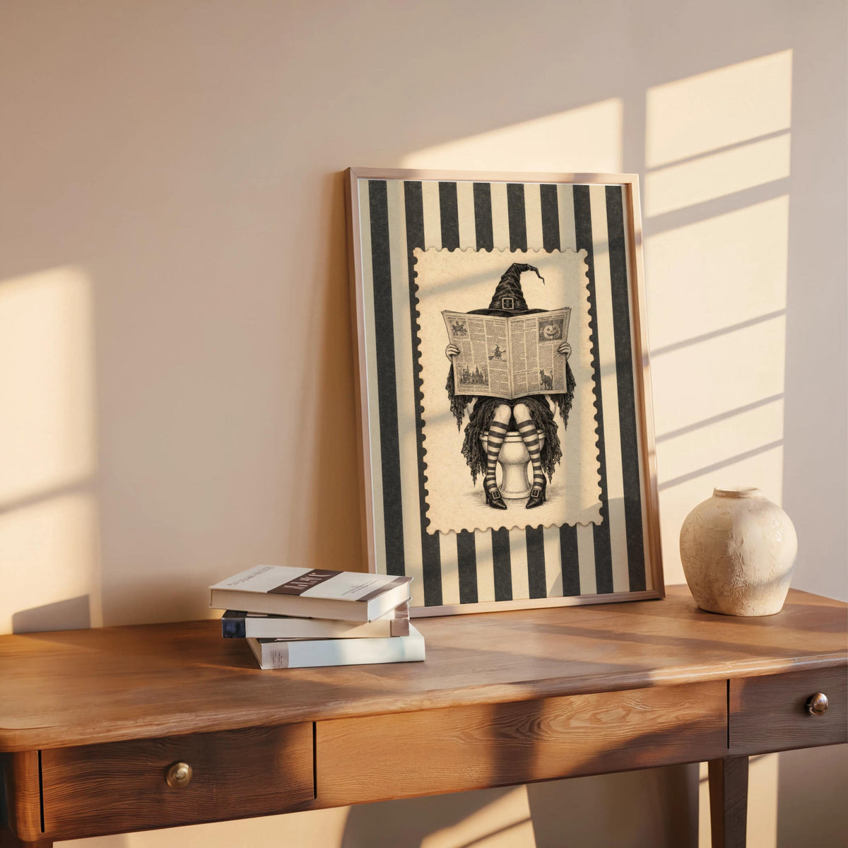 Vintage Witch Reading on Toilet Print, Funny Halloween Bathroom Wall Art, Retro Striped Newspaper Decor, Funny Witchy Restroom Poster