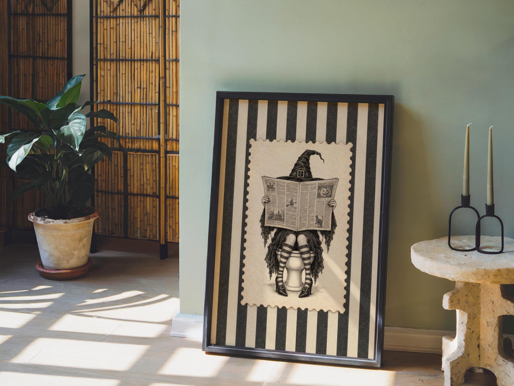 Vintage Witch Reading on Toilet Print, Funny Halloween Bathroom Wall Art, Retro Striped Newspaper Decor, Funny Witchy Restroom Poster