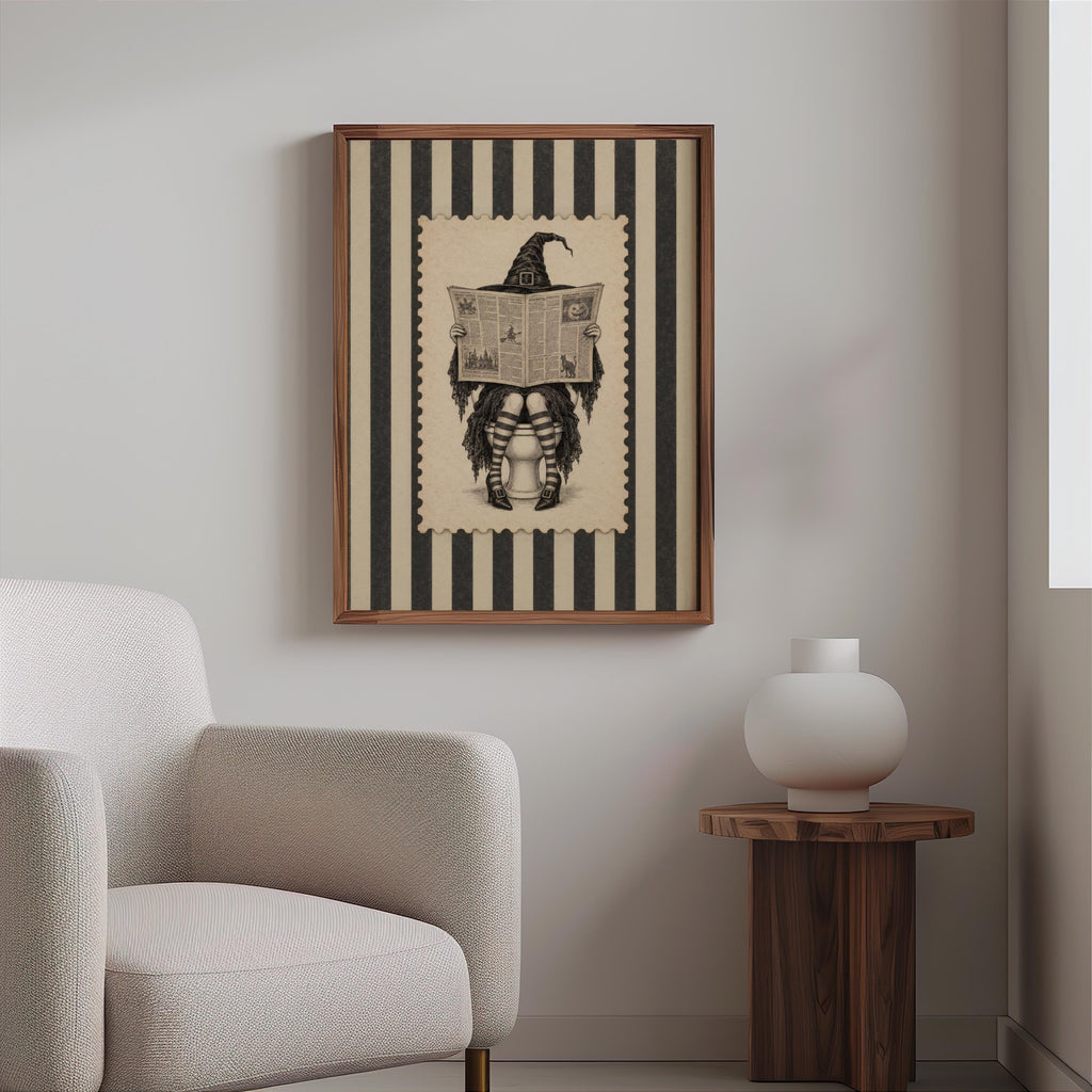 Vintage Witch Reading on Toilet Print, Funny Halloween Bathroom Wall Art, Retro Striped Newspaper Decor, Funny Witchy Restroom Poster