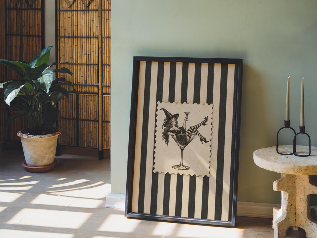 Retro Witch & Martini Glass, Vintage Cocktail Halloween Print, Funny Pin Up Woman Wall Art, Gothic Bar Decor, Spooky Stripes Illustration