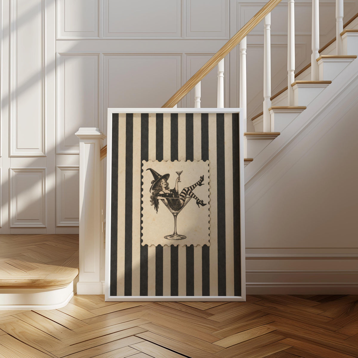 Retro Witch & Martini Glass, Vintage Cocktail Halloween Print, Funny Pin Up Woman Wall Art, Gothic Bar Decor, Spooky Stripes Illustration