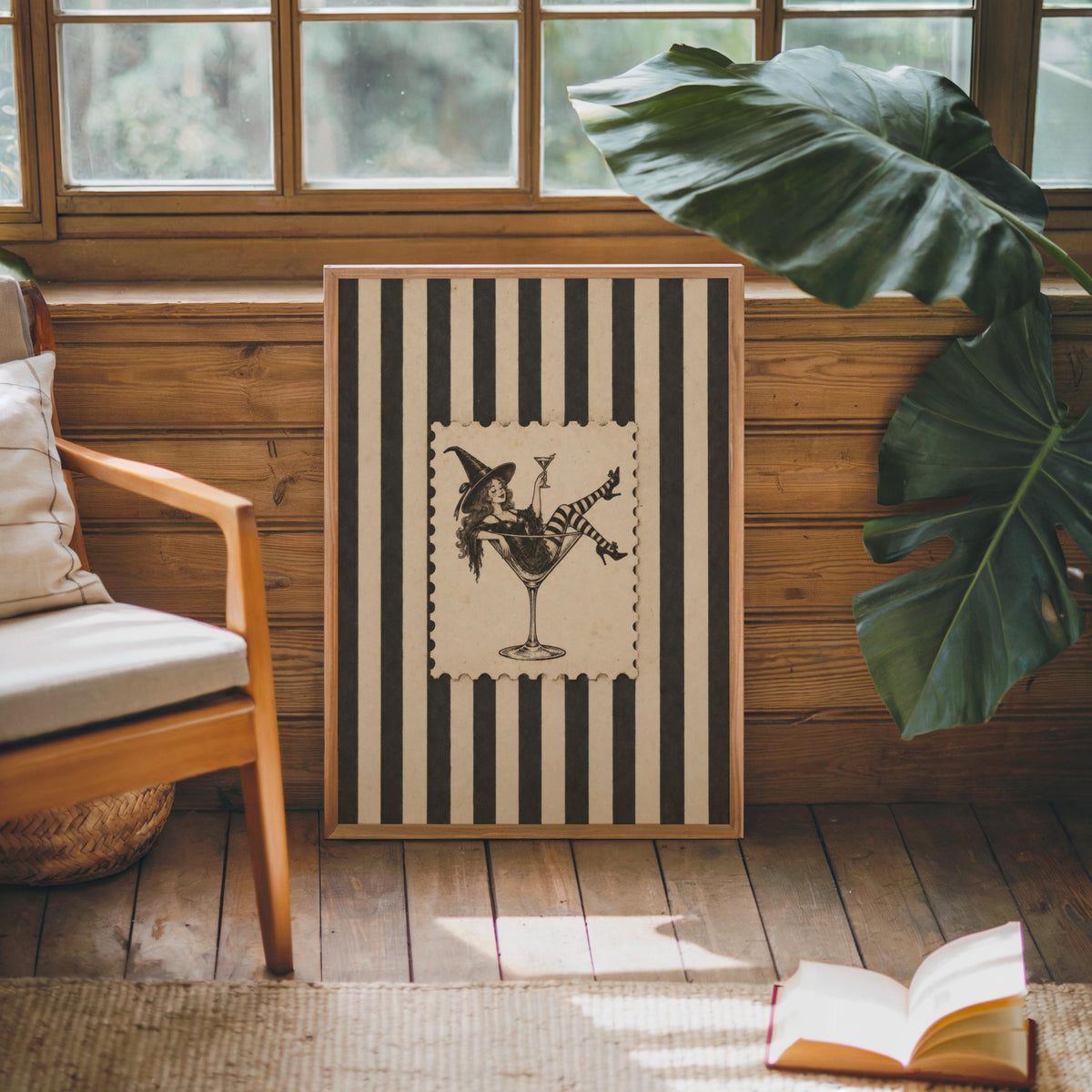 Retro Witch & Martini Glass, Vintage Cocktail Halloween Print, Funny Pin Up Woman Wall Art, Gothic Bar Decor, Spooky Stripes Illustration