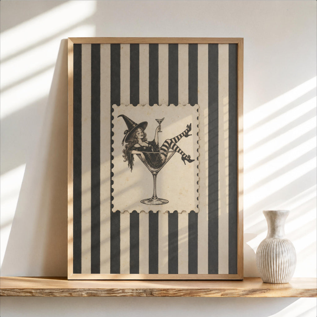 Retro Witch & Martini Glass, Vintage Cocktail Halloween Print, Funny Pin Up Woman Wall Art, Gothic Bar Decor, Spooky Stripes Illustration