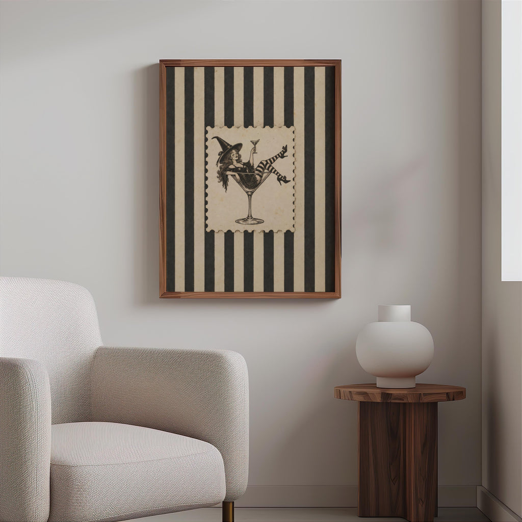 Retro Witch & Martini Glass, Vintage Cocktail Halloween Print, Funny Pin Up Woman Wall Art, Gothic Bar Decor, Spooky Stripes Illustration