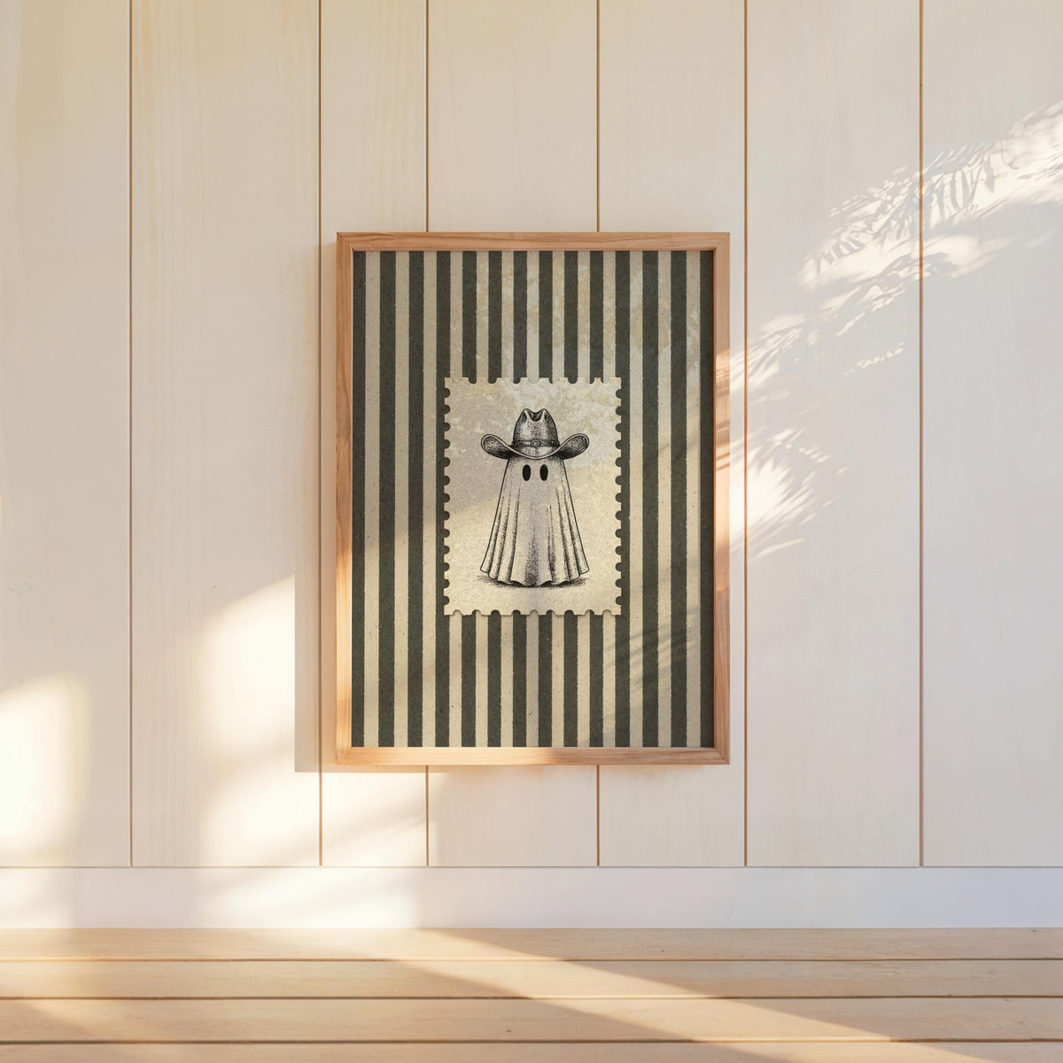 Vintage Cowboy Ghost Art, Western Halloween Decor, Striped Wall Print, Retro Spooky Poster, Postage Stamp Illustration, Rustic Americana
