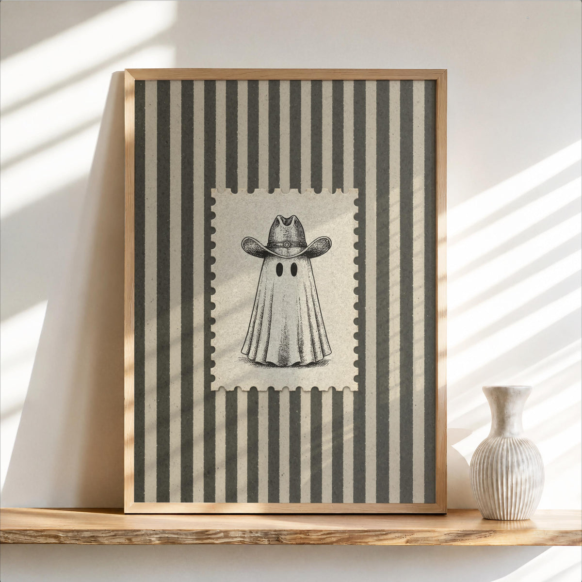 Vintage Cowboy Ghost Art, Western Halloween Decor, Striped Wall Print, Retro Spooky Poster, Postage Stamp Illustration, Rustic Americana