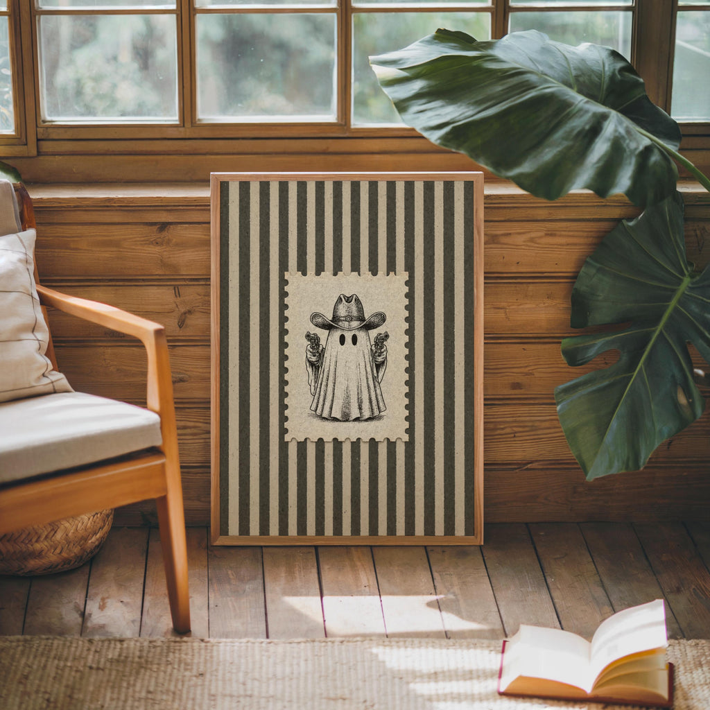 Ghost Cowboy Gunslinger Wall Art, Funny Western Halloween Print, Retro Stripes Poster, Spooky Post Stamp Illustration Rustic Americana Decor