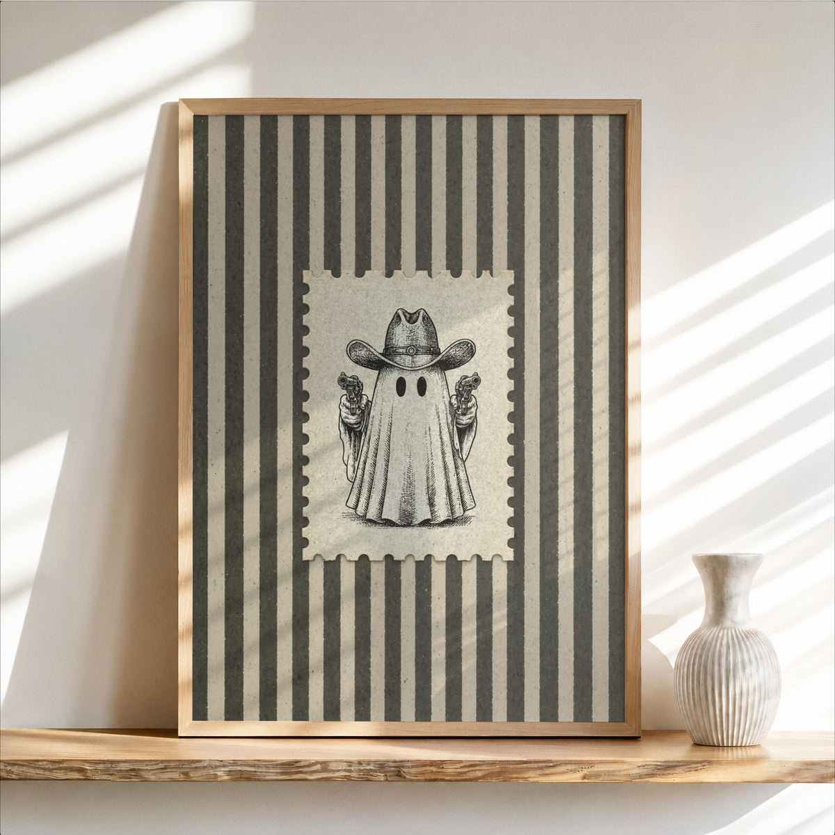 Ghost Cowboy Gunslinger Wall Art, Funny Western Halloween Print, Retro Stripes Poster, Spooky Post Stamp Illustration Rustic Americana Decor