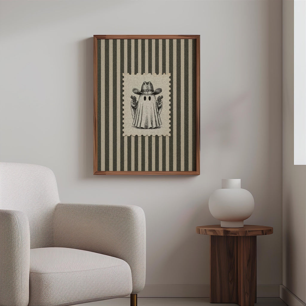 Ghost Cowboy Gunslinger Wall Art, Funny Western Halloween Print, Retro Stripes Poster, Spooky Post Stamp Illustration Rustic Americana Decor