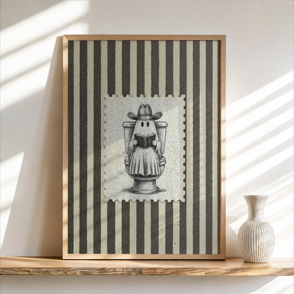 Cowboy Ghost Halloween Toilet Print, Funny Bathroom Wall Art, Western Newspaper Poster, Vintage Spooky Illustration, Quirky Country Decor