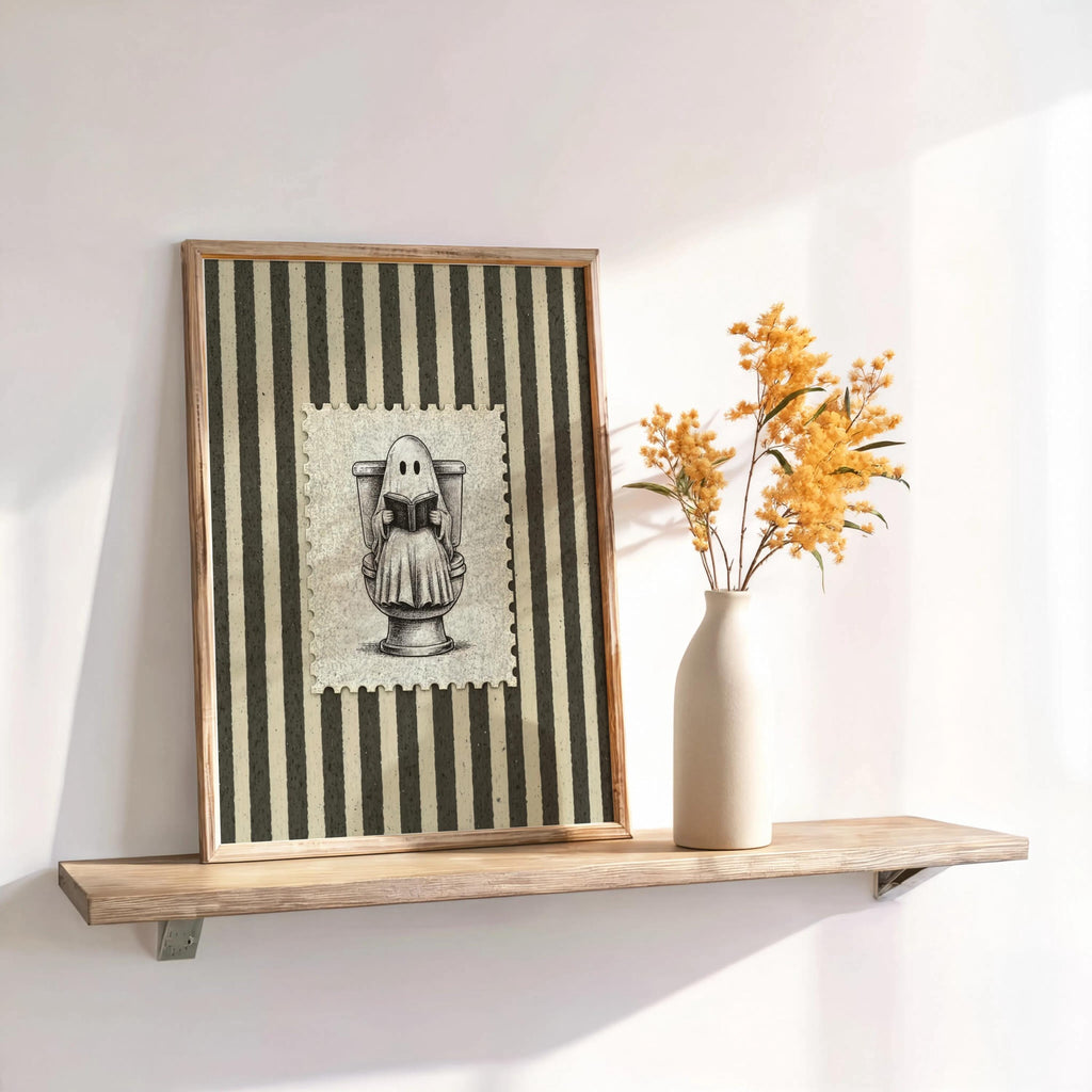 Angled framed funny bathroom wall art leaning on shelf, soft sunlight, distressed postage-stamp border, ghost reading print