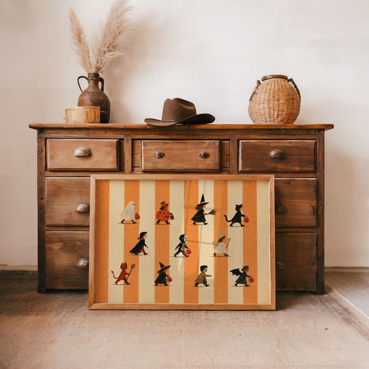 Halloween Parade Print, Vintage Stripes Trick Or Treat Decor, Cute Autumn Kids Costume Wall Art, Spooky Ghost & Witch Fall Poster