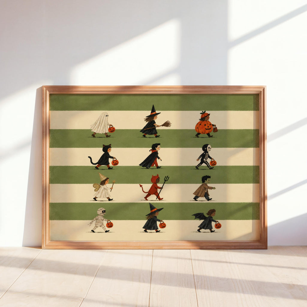 Kids Halloween Parade Print, Vintage Trick or Treat Wall Art, Cute Spooky Costume Poster, Retro Orange Stripes, Folk Illustration Decor
