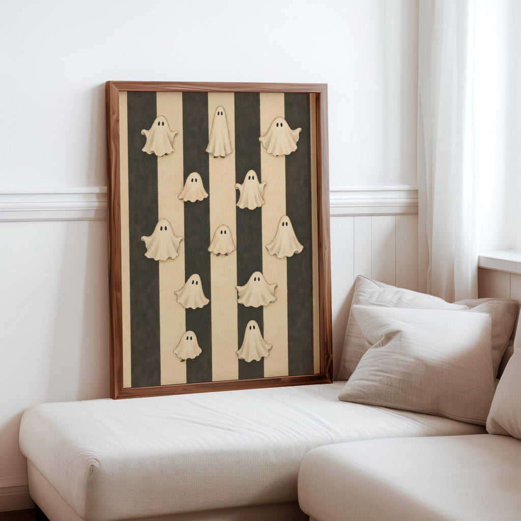 Vintage Halloween Ghosts Print, Cute Spooky Wall Art, Retro Striped Poster, Whimsical Ghost Illustration, Neutral Autumn Decor