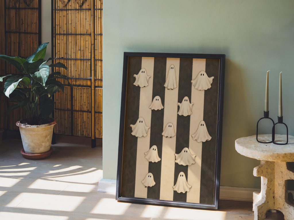 Vintage Halloween Ghosts Print, Cute Spooky Wall Art, Retro Striped Poster, Whimsical Ghost Illustration, Neutral Autumn Decor