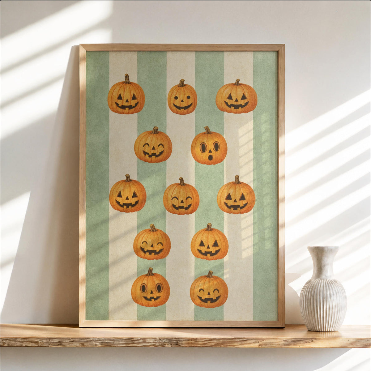 Halloween Pumpkin Poster, Retro Jack O Lanterns, Green Striped Wall Art, Whimsical Fall Print, Spooky Season Vintage Illustration
