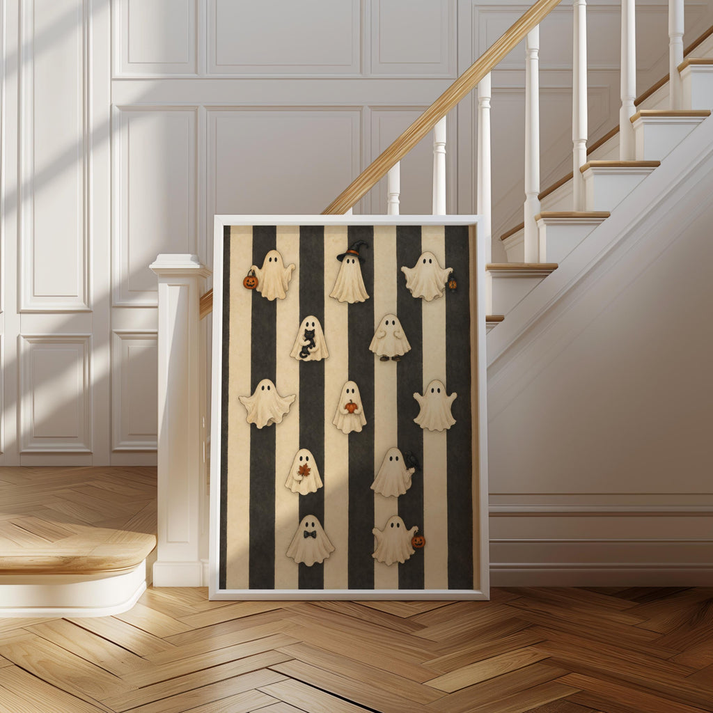 Retro Ghost Halloween Print, Whimsical Spooky Parade Wall Art, Black Cream Striped Poster, Haunted Autumn Illustration, Vintage Witchy Decor