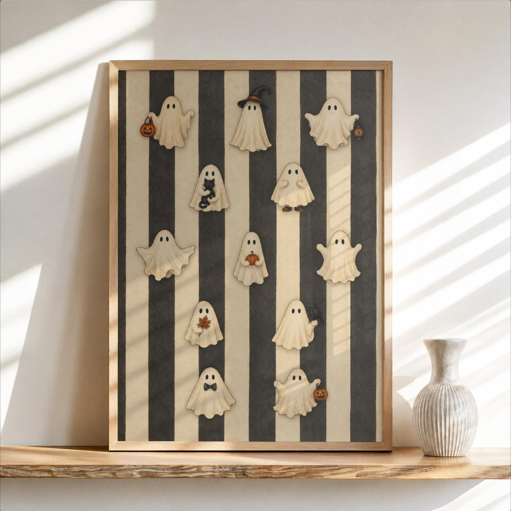 Retro Ghost Halloween Print, Whimsical Spooky Parade Wall Art, Black Cream Striped Poster, Haunted Autumn Illustration, Vintage Witchy Decor