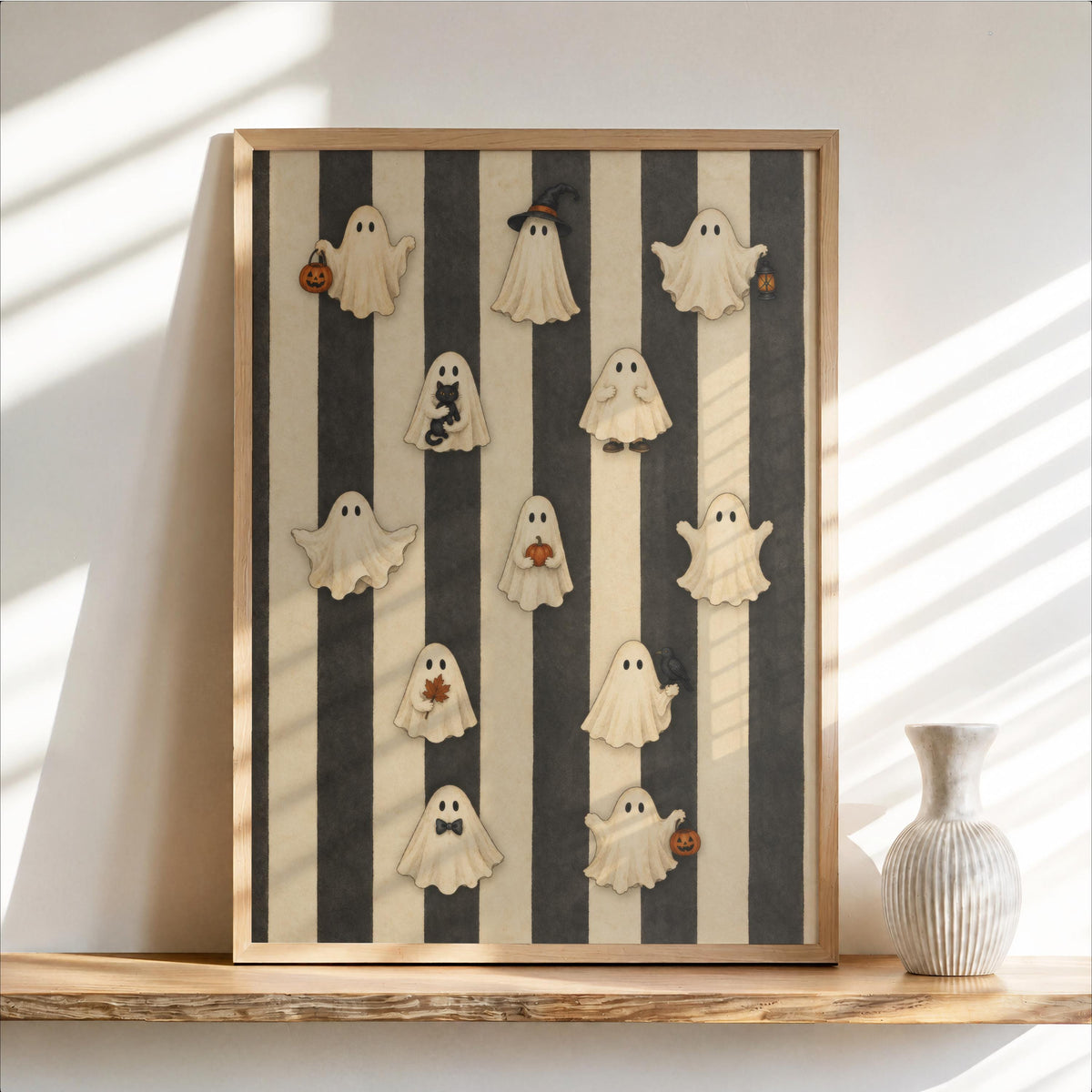 Retro Ghost Halloween Print, Whimsical Spooky Parade Wall Art, Black Cream Striped Poster, Haunted Autumn Illustration, Vintage Witchy Decor