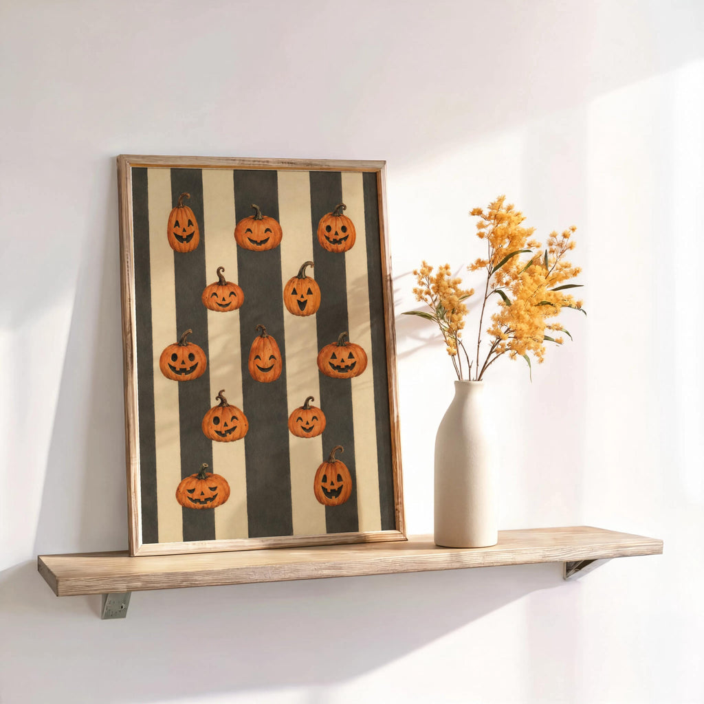 Jack O Lantern Print, Vintage Autumn Wall Art, Retro Halloween Pumpkin Painting, Harvest Home Decor, Striped Poster, Cozy Fall Gift