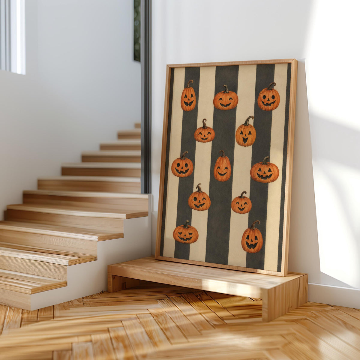 Jack O Lantern Print, Vintage Autumn Wall Art, Retro Halloween Pumpkin Painting, Harvest Home Decor, Striped Poster, Cozy Fall Gift
