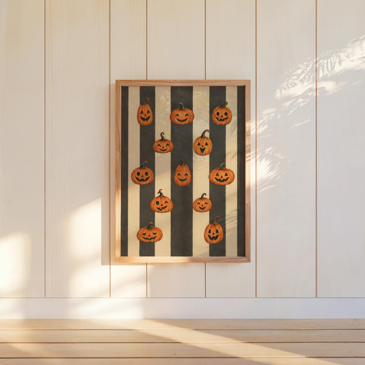 Jack O Lantern Print, Vintage Autumn Wall Art, Retro Halloween Pumpkin Painting, Harvest Home Decor, Striped Poster, Cozy Fall Gift