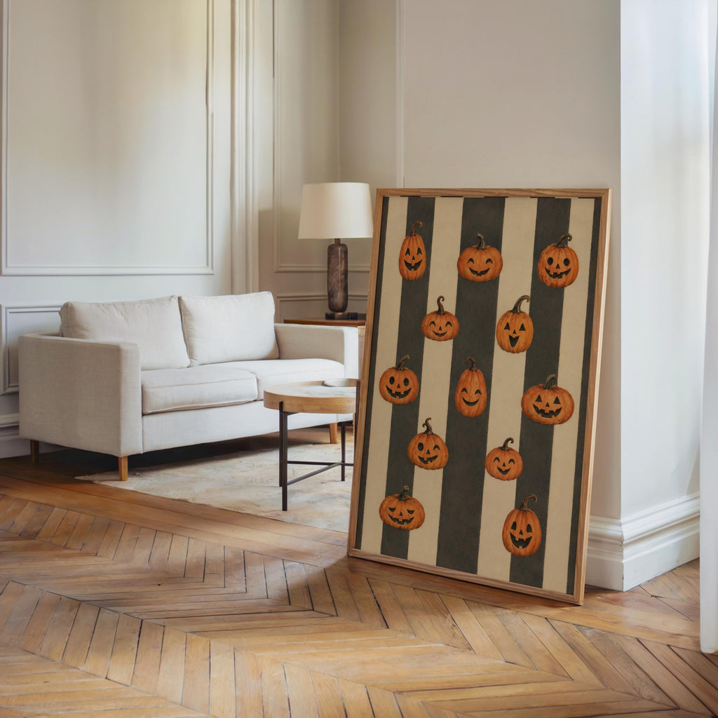 Jack O Lantern Print, Vintage Autumn Wall Art, Retro Halloween Pumpkin Painting, Harvest Home Decor, Striped Poster, Cozy Fall Gift