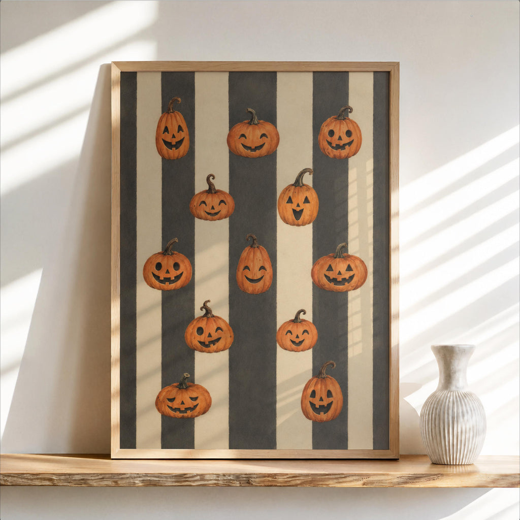 Jack O Lantern Print, Vintage Autumn Wall Art, Retro Halloween Pumpkin Painting, Harvest Home Decor, Striped Poster, Cozy Fall Gift