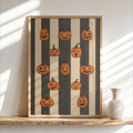 Jack O Lantern Print, Vintage Autumn Wall Art, Retro Halloween Pumpkin Painting, Harvest Home Decor, Striped Poster, Cozy Fall Gift