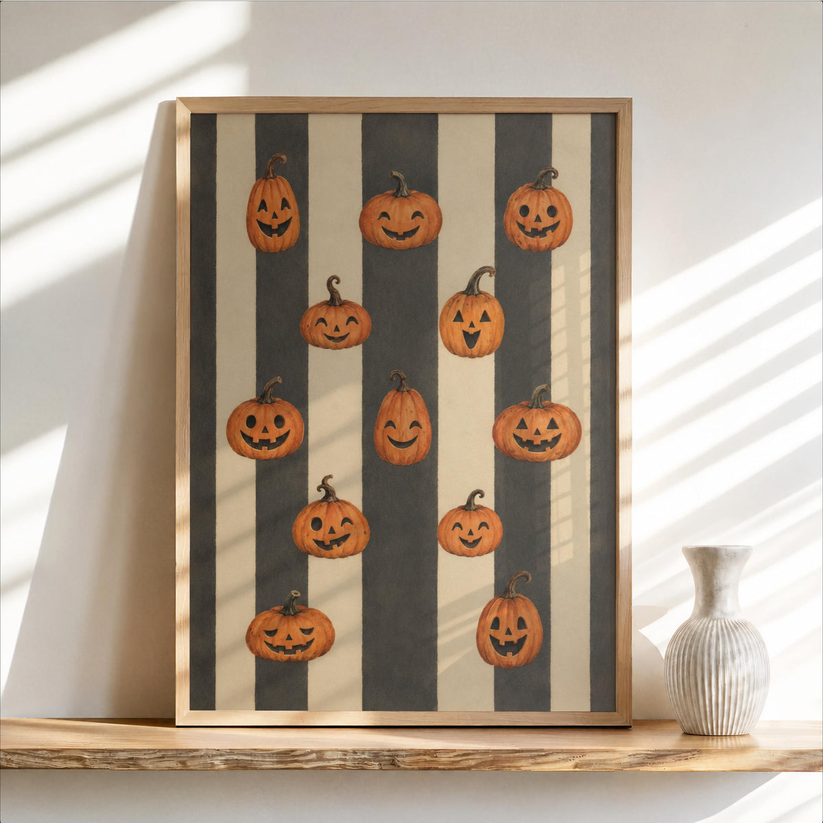 Jack O Lantern Print, Vintage Autumn Wall Art, Retro Halloween Pumpkin Painting, Harvest Home Decor, Striped Poster, Cozy Fall Gift