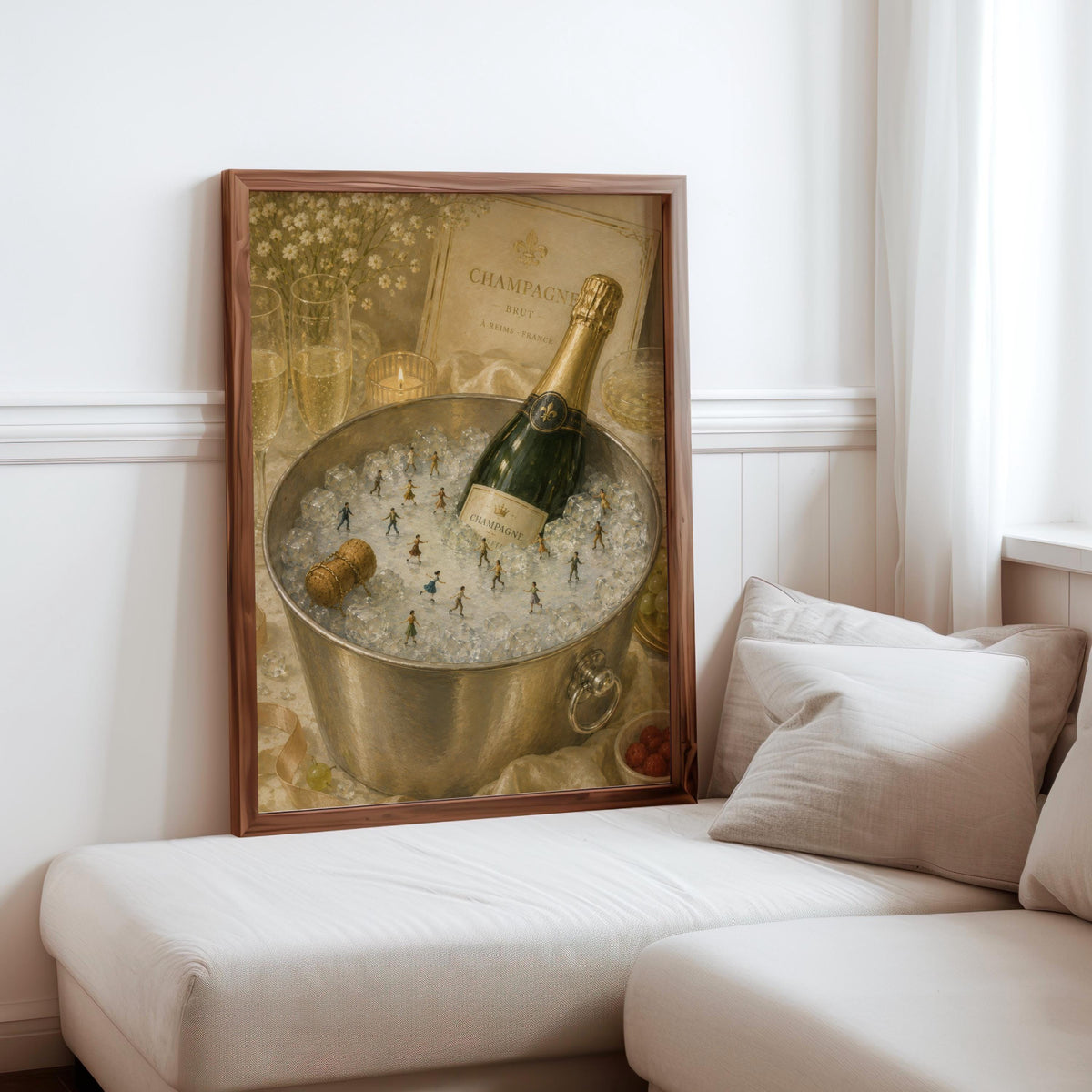 Champagne Ice Skating Print, Tiny People on Ice Winter Wall Art, French Holiday Kitchen Poster, Vintage Bar Decor, Whimsical Christmas Gift