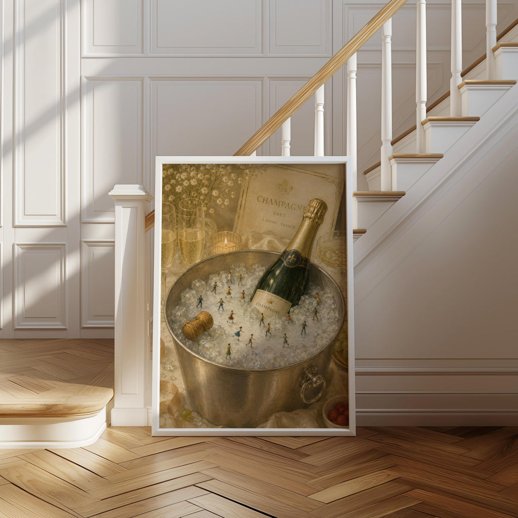Champagne Ice Skating Print, Tiny People on Ice Winter Wall Art, French Holiday Kitchen Poster, Vintage Bar Decor, Whimsical Christmas Gift