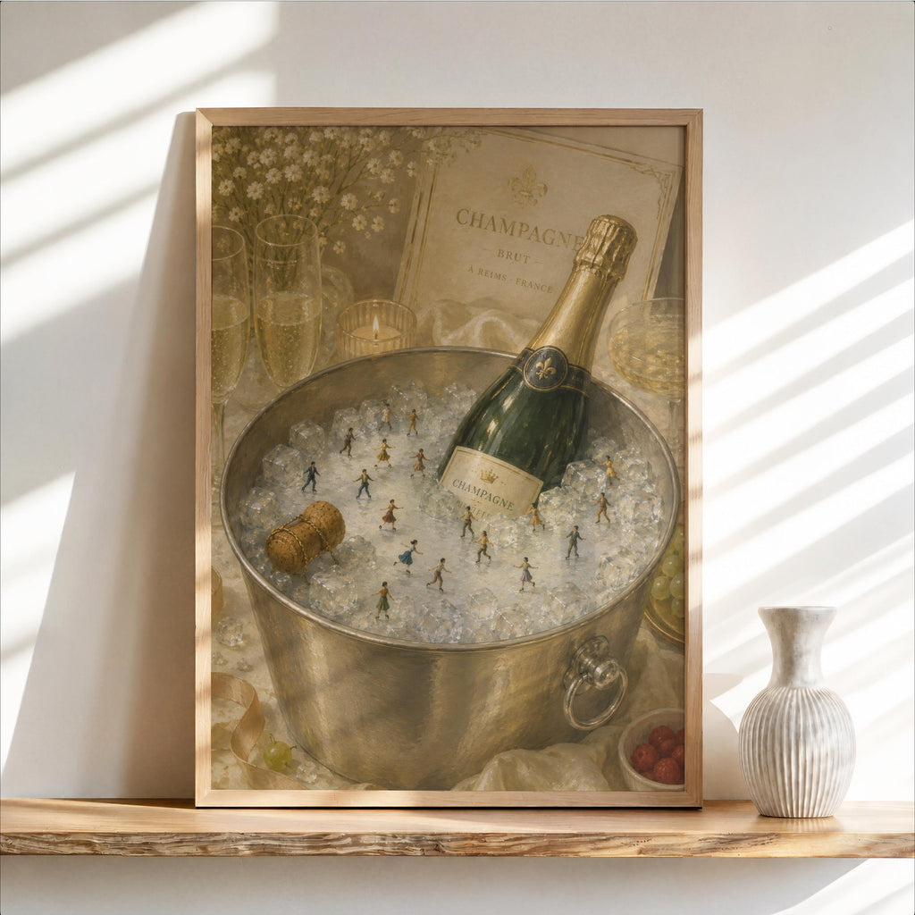 Champagne Ice Skating Print, Tiny People on Ice Winter Wall Art, French Holiday Kitchen Poster, Vintage Bar Decor, Whimsical Christmas Gift