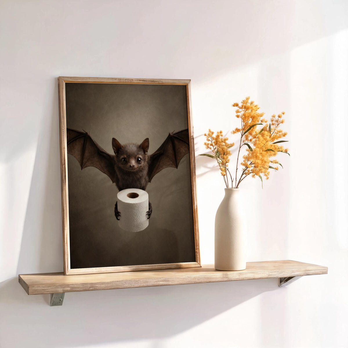 Framed print on a rustic wall shelf with dried flowers, neutral palette, quirky bathroom decor and gothic bathroom print vibes