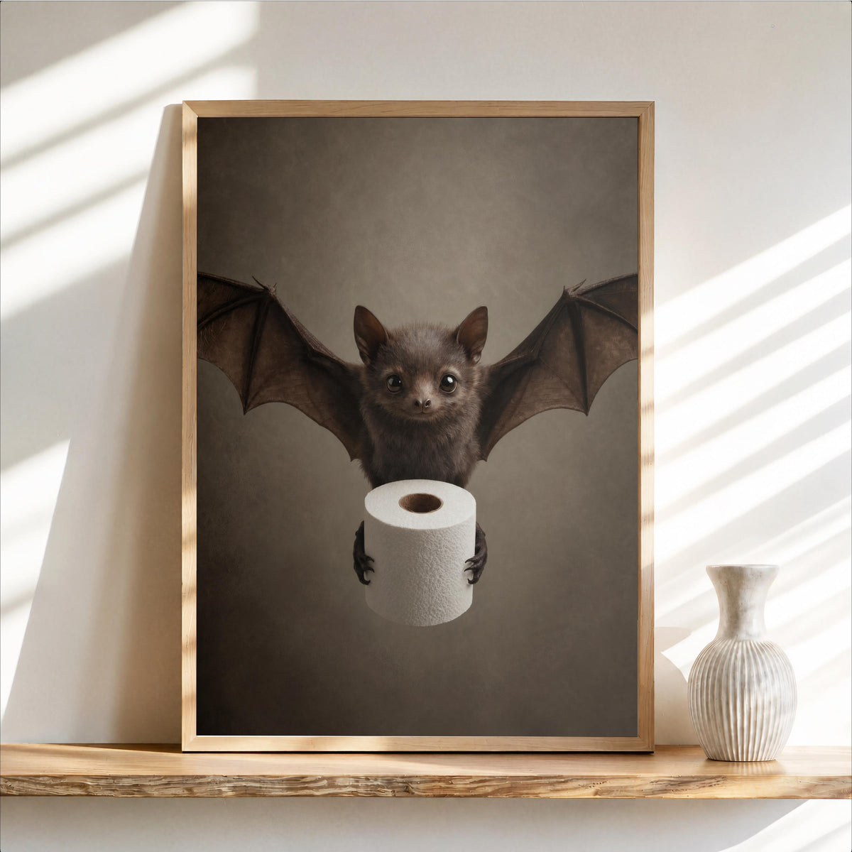 Framed portrait print on a wooden shelf, bat clutching a toilet roll, brown charcoal cream tones, funny bat bathroom wall art