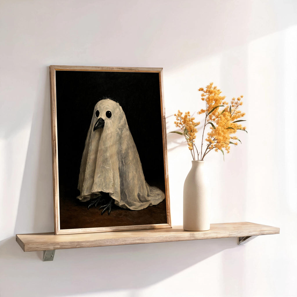 Ghost Crow Painting, Gothic Halloween Wall Art, Spooky Raven Poster, Dark Vintage Print, Haunted Bird Portrait, Witchy Home Decor