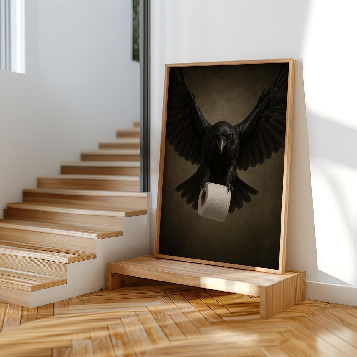 Raven toilet paper print leaning on a low wooden bench, high contrast shadows, spooky bathroom print vibe.
