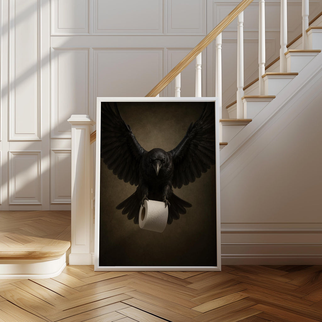 Large raven bathroom wall art propped at staircase base, dark academia bathroom decor mood, warm wood floors.