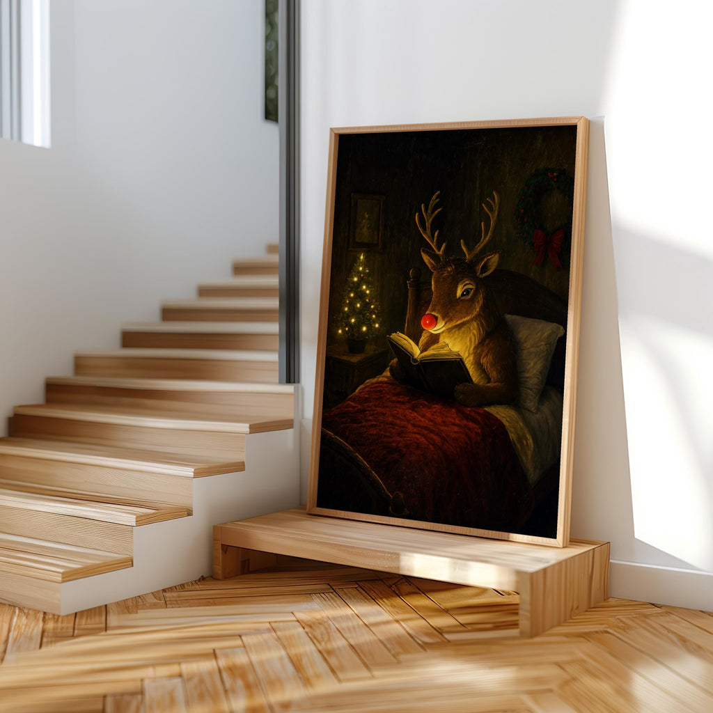 Large framed Rudolph Christmas wall art at the base of stairs, vintage Christmas print with candle glow