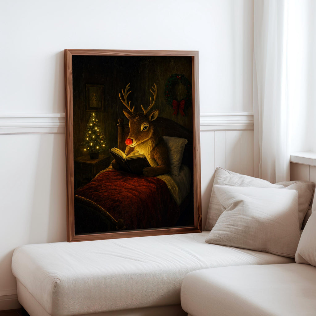 Rudolph Christmas wall art leaning beside a sofa with pillows, cozy Christmas wall art for bedroom or cabin