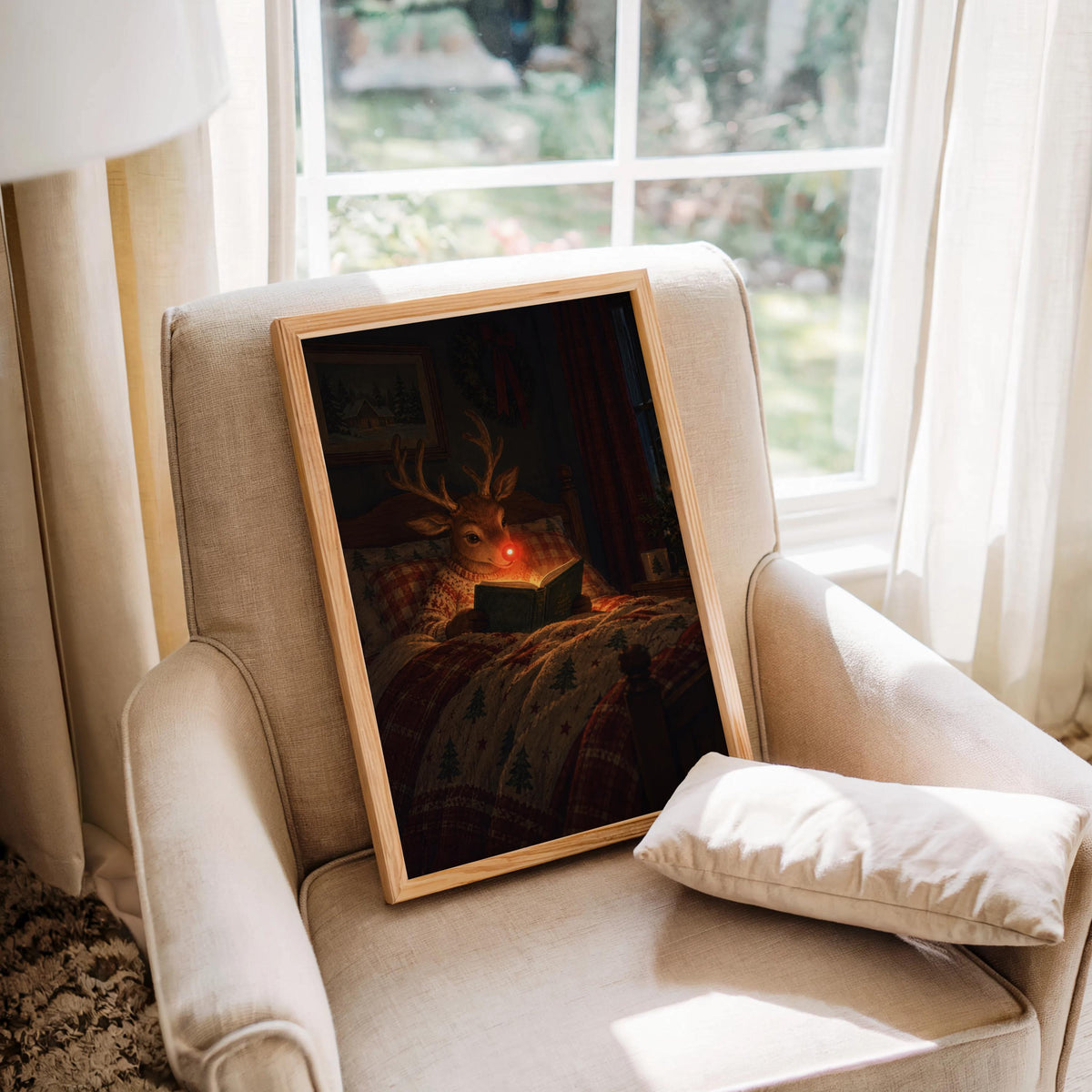 Rudolph Reindeer Reading Christmas Print, Holiday Bedroom Decor, Warm Winter Cabin Art, Festive Book Lover Gift, Nordic Holiday Painting