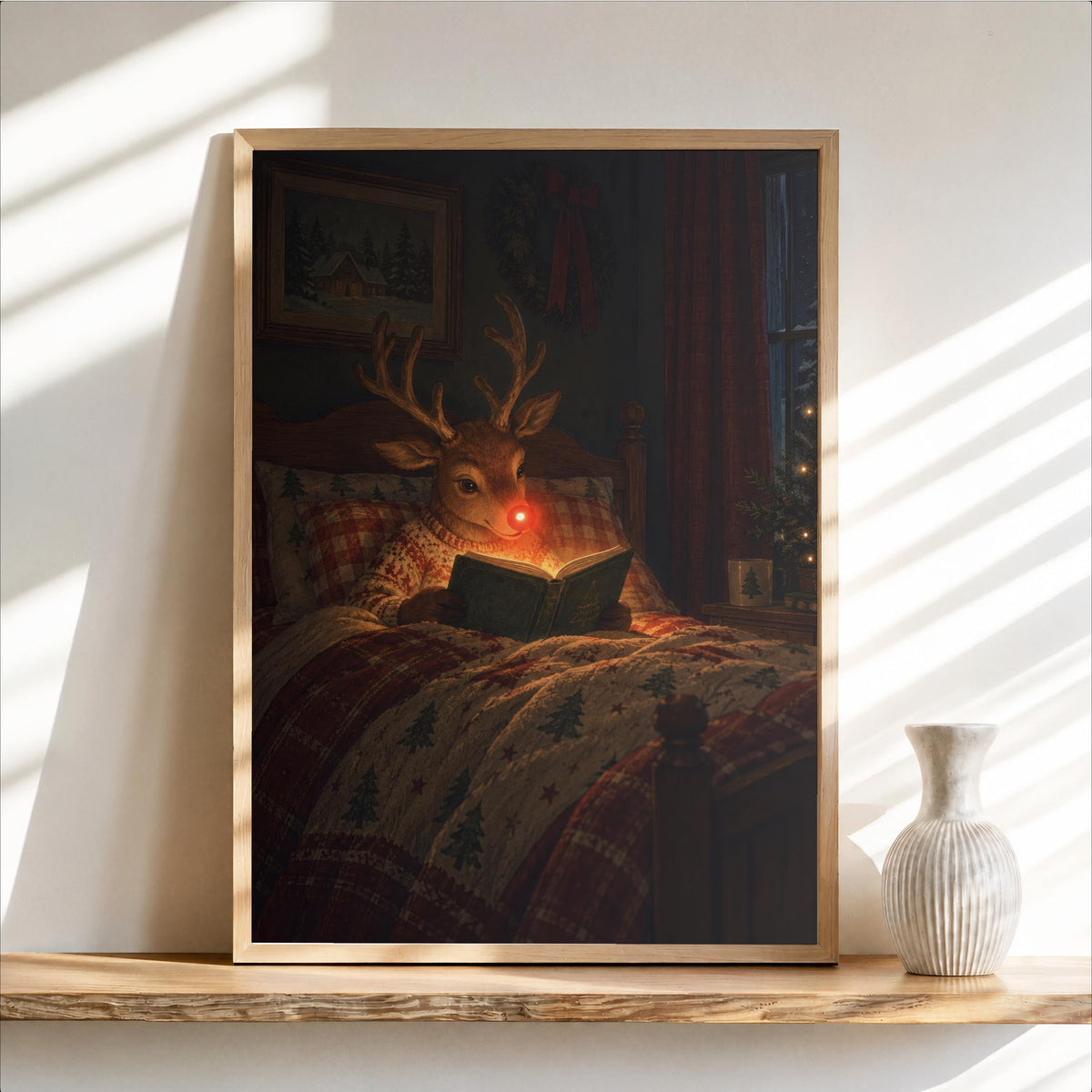 Rudolph Reindeer Reading Christmas Print, Holiday Bedroom Decor, Warm Winter Cabin Art, Festive Book Lover Gift, Nordic Holiday Painting