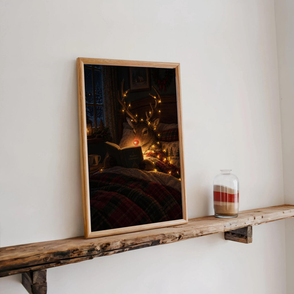Rudolph Christmas wall art on reclaimed wood shelf, snowy window view, warm bedding tones.